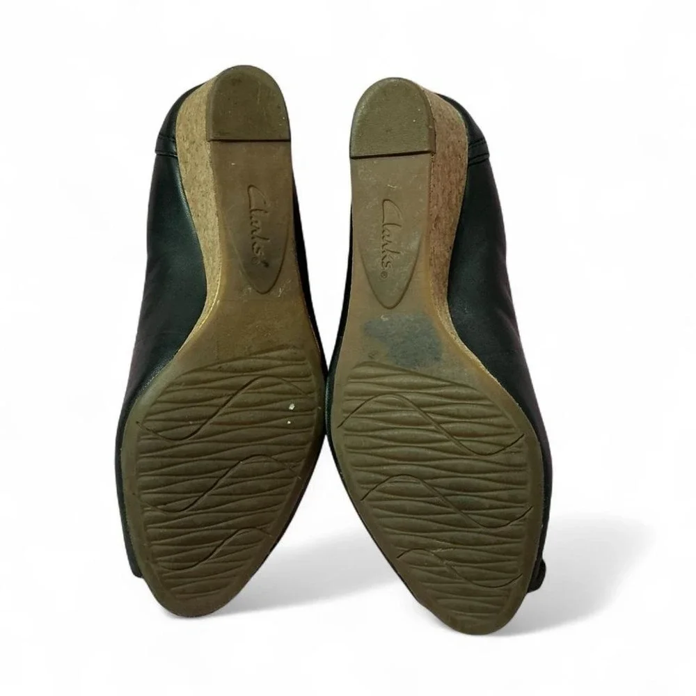Clarks Artisan Black Leather Peep Toe Cork‎ Wedge Heel Shoes